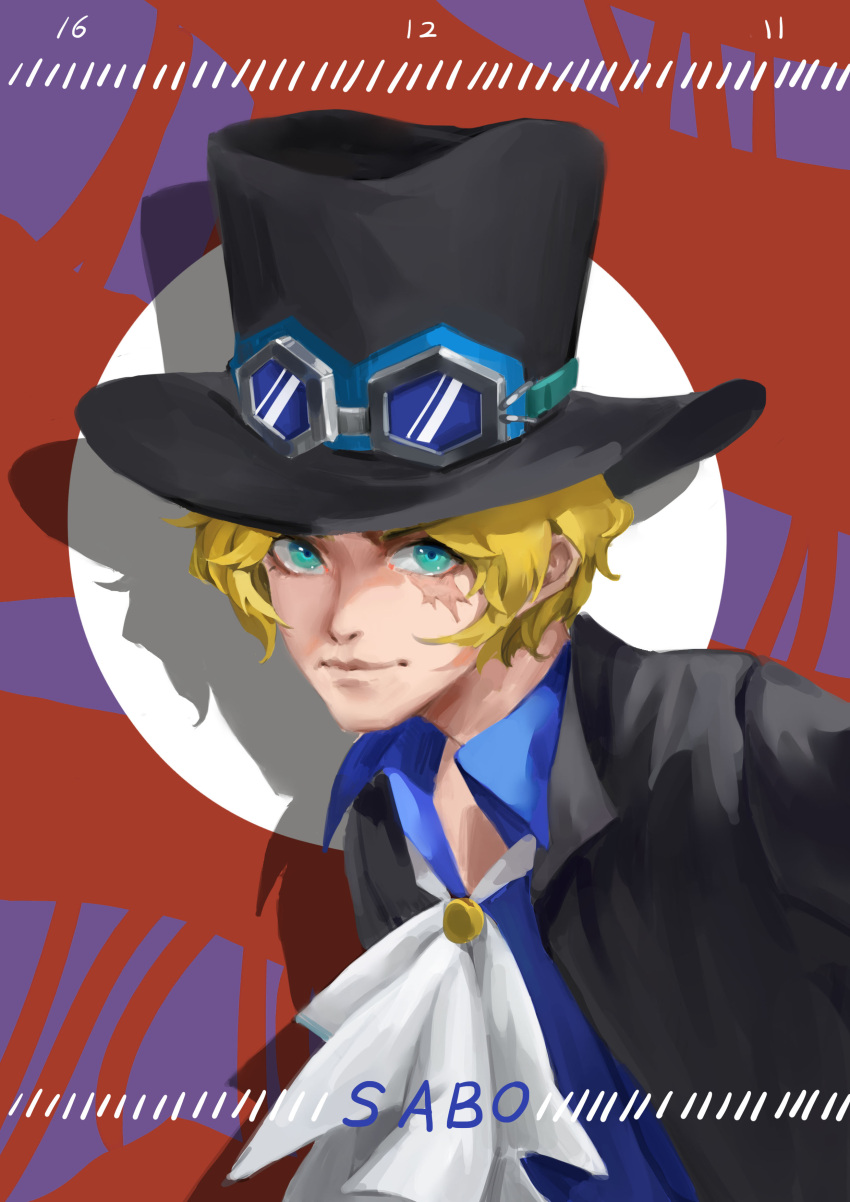 1boy absurdres ascot black_headwear black_jacket blonde_hair blue_eyes blue_shirt character_name chinese_commentary closed_mouth commentary_request goggles goggles_on_headwear grey_ascot hat highres jacket looking_at_viewer male_focus one_piece sabo_(one_piece) scar scar_on_face shadow shirt short_hair smile solo top_hat tracycc