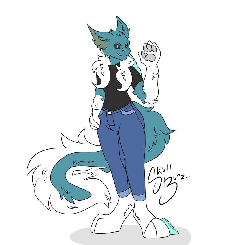 anthro blue_eyes bottomwear casual_clothing clothing fenril_(spicy_flakes) frost_jeckals_(huf13) hi_res male neck_tuft pants shirt simple_background skull_bunz_official solo tail tail_tuft topwear tuft white_background