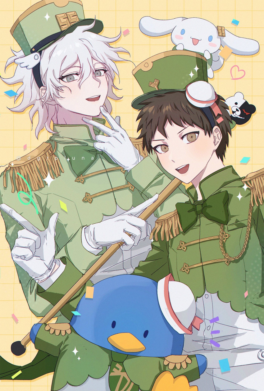 2boys :d artist_name bird boleum_(dgrpluna) bow bowtie brown_eyes brown_hair danganronpa_(series) danganronpa_2:_goodbye_despair dress_shirt fake_wings gloves green_bow green_bowtie green_headwear green_jacket green_necktie grey_hair hair_between_eyes highres hinata_hajime holding holding_staff jacket komaeda_nagito long_sleeves looking_at_viewer monokuma multiple_boys necktie pants penguin shirt short_hair smile staff staff_(music) teeth tilted_headwear upper_body upper_teeth_only white_gloves white_pants white_shirt wings yellow_background