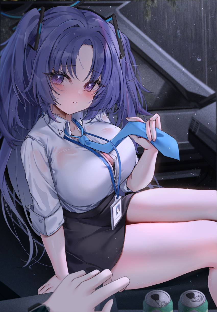 1boy 1girl arlene_(ju) black_skirt blue_archive blue_necktie blush bra bra_peek breasts button_gap can car_interior cleavage commentary_request halo highres id_card lanyard large_breasts long_hair looking_at_viewer miniskirt necktie parted_lips pov pov_hands purple_eyes purple_hair rain shirt shirt_tucked_in sitting skirt solo_focus thighs two_side_up underwear very_long_hair watch wet wet_clothes wet_shirt white_shirt wristwatch yuuka_(blue_archive)