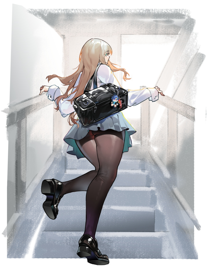 1girl aqua_skirt asanaka_yomogi bag bag_charm black_bag black_footwear black_pantyhose blonde_hair buckle character_doll charm_(object) commentary_request from_behind green_eyes gridman_universe highres indoors keychain leg_up loafers long_hair long_sleeves minami_yume nils pantyhose pleated_skirt school_bag school_uniform shirt shoes shoulder_bag skirt solo ssss.dynazenon stairs white_shirt