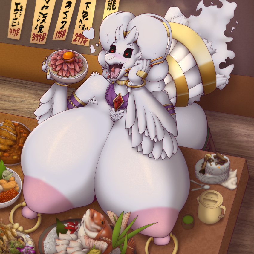 anthro areola big_breasts breast_rest breasts chopsticks eating eating_food epiphany_(expand-blurples) expand-blurples female food food_in_mouth fried_food generation_5_pokemon hi_res huge_breasts hyper hyper_breasts japanese_text kitchen_utensils legendary_pokemon meat nintendo nipple_piercing nipples piercing plates pokemon pokemon_(species) red_snapper reshiram restaurant sashimi tempura text thick_thighs tongue tongue_out tools white_body