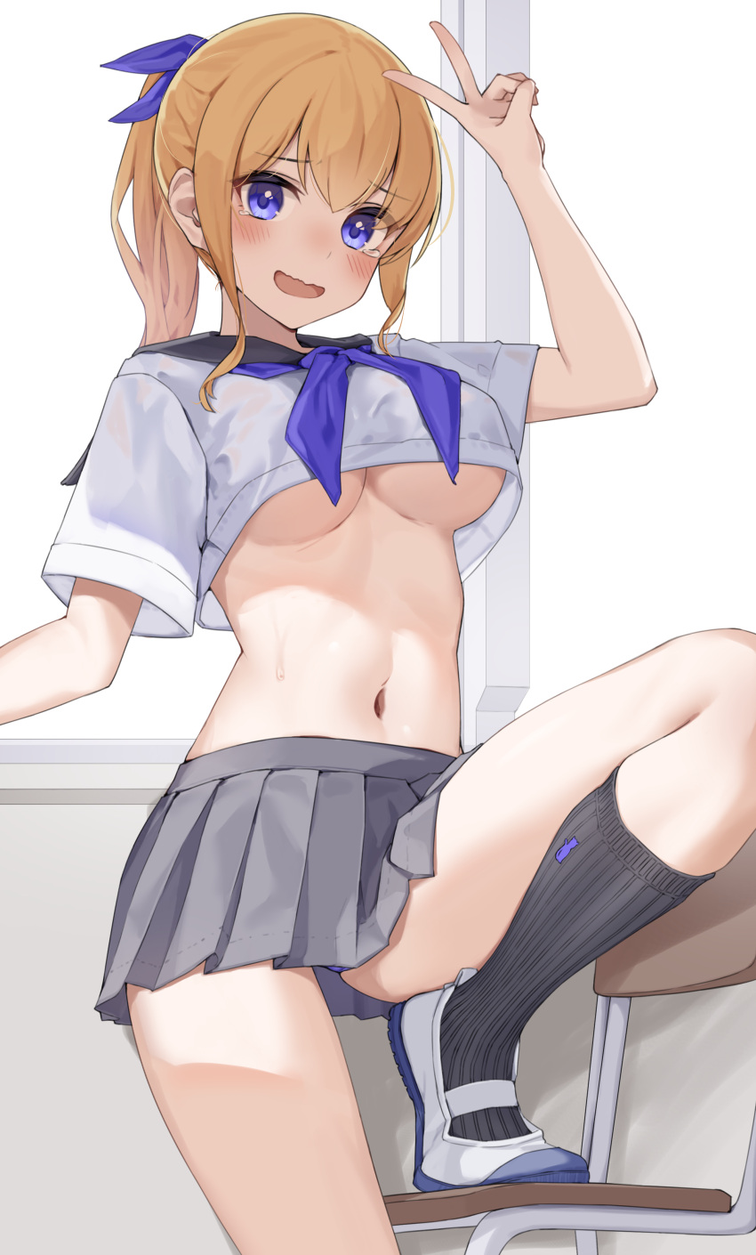 1girl absurdres black_sailor_collar black_socks blonde_hair blue_bow blue_eyes blue_neckerchief blush bow breasts cropped_shirt embarrassed feet_on_chair grey_skirt hair_between_eyes hair_bow hand_up highres indoors kopaka_(karda_nui) leg_up looking_at_viewer microskirt midriff navel neckerchief nervous_smile open_mouth original pleated_skirt ponytail sailor_collar shirt shoes short_sleeves sidelocks skirt smile socks solo stomach tearing_up thighs underboob uwabaki v wavy_mouth white_footwear white_shirt window