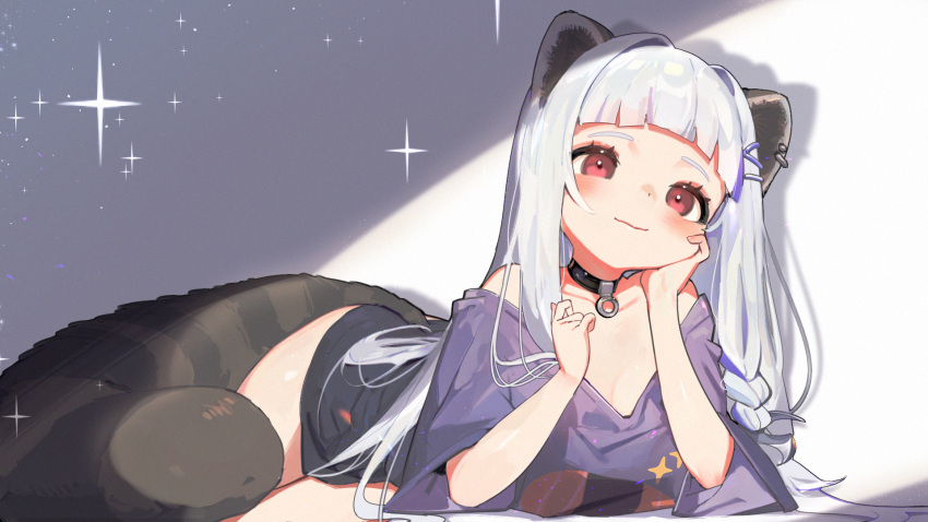1girl animal_ears bare_shoulders black_collar blunt_bangs blush breasts character_request cleavage closed_mouth collar ear_piercing ejami grey_hair hair_ornament hairclip highres indie_virtual_youtuber long_hair multicolored_hair off-shoulder_shirt off_shoulder piercing purple_hair purple_shirt raccoon_ears raccoon_girl raccoon_tail red_eyes shirt smile solo_focus streaked_hair tail virtual_youtuber