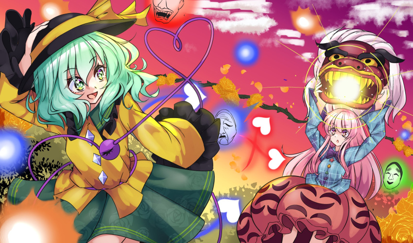 :d :o black_headwear blue_shirt bubble_skirt cloud commentary danmaku floral_print fub_(fubimanji) gradient_sky green_eyes green_hair green_skirt hand_on_headwear hat hat_ribbon hata_no_kokoro heart heart_of_string highres komeiji_koishi long_hair long_sleeves mask noh_mask oni_mask open_mouth outdoors pink_eyes pink_hair plaid plaid_shirt ribbon rose_print shirt short_hair skirt sky smile star_(symbol) third_eye touhou yellow_ribbon yellow_shirt