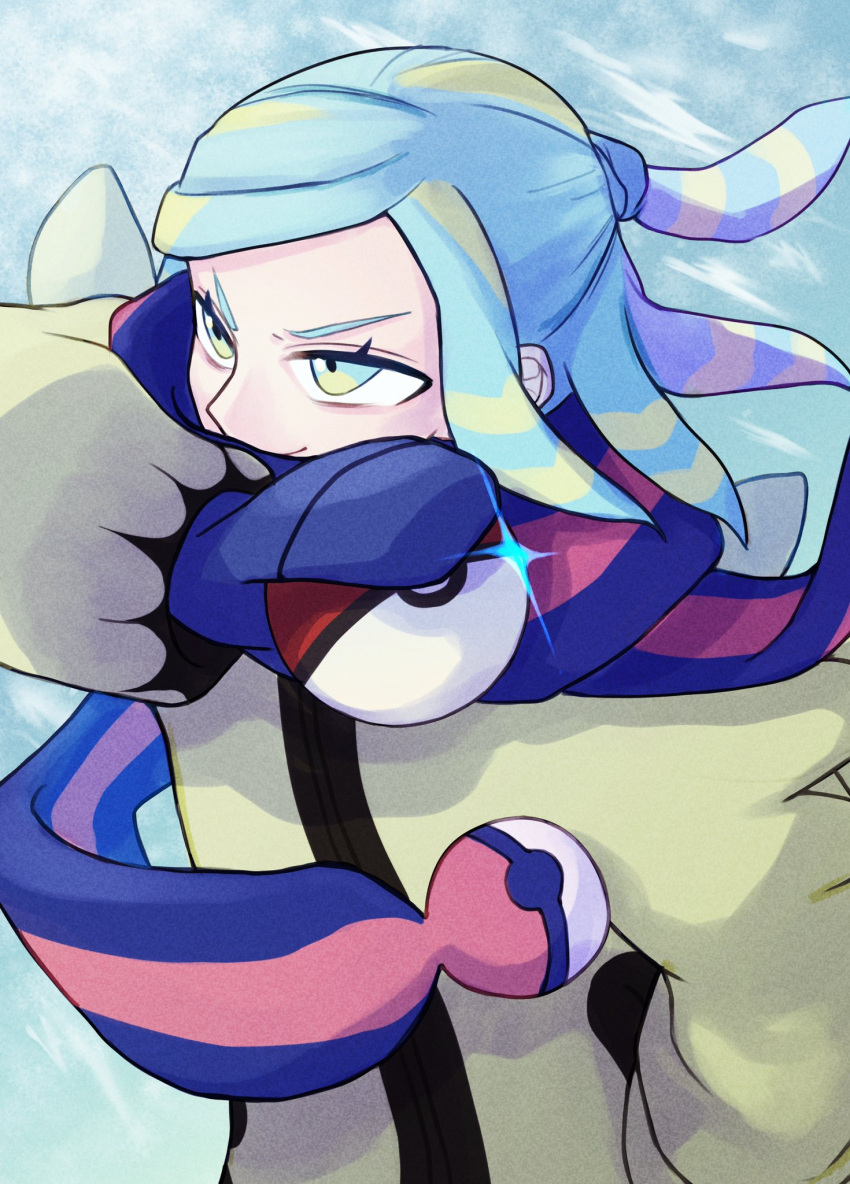 1boy blue_background blue_eyes blue_hair blue_scarf commentary_request grusha_(pokemon) highres jacket male_focus medium_hair nastar_r0 otoko_no_ko pokemon pokemon_(game) pokemon_sv red_scarf scarf smile solo two-tone_scarf yellow_jacket