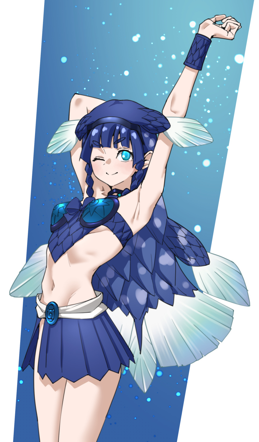 1girl ;) absurdres arm_behind_head armpits arms_up bare_shoulders blue_eyes blue_hair blue_shirt blue_skirt blunt_bangs blush braid braided_sidelock coelacanth_(kemono_friends) commentary fins fish_girl fish_tail hairband head_fins highres kemono_friends long_hair looking_at_viewer midriff navel one_eye_closed pleated_skirt shirt sidelocks skirt smile solo stretching tail tanabe_(fueisei) twin_braids wristband