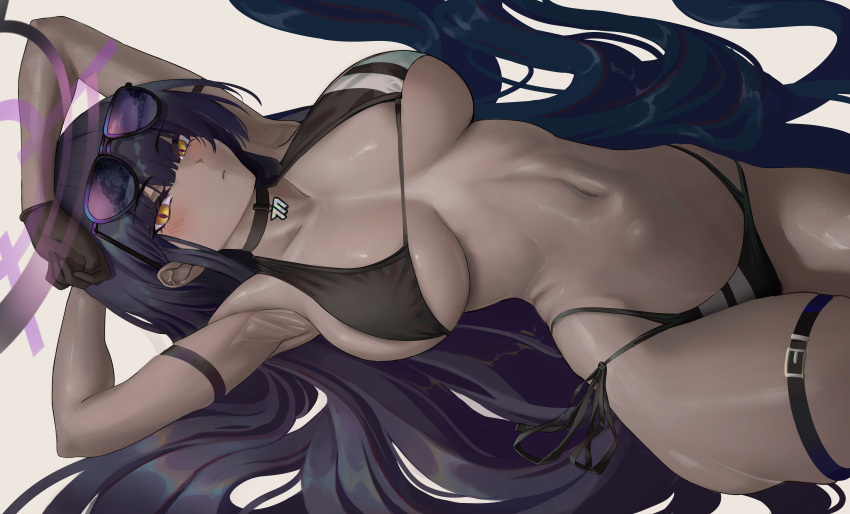 1girl abs absurdres arm_behind_head arm_up armpits arms_up b-pang bare_shoulders bikini black_bikini black_hair blue_archive blush breasts collarbone cosplay cowboy_shot dark-skinned_female dark_skin exif_rotation eyewear_on_head halo highres iori_(blue_archive) iori_(blue_archive)_(cosplay) iori_(swimsuit)_(blue_archive) karin_(blue_archive) large_breasts long_hair looking_at_viewer navel non-web_source solo stomach sunglasses swimsuit thigh_strap third-party_edit very_long_hair yellow_eyes