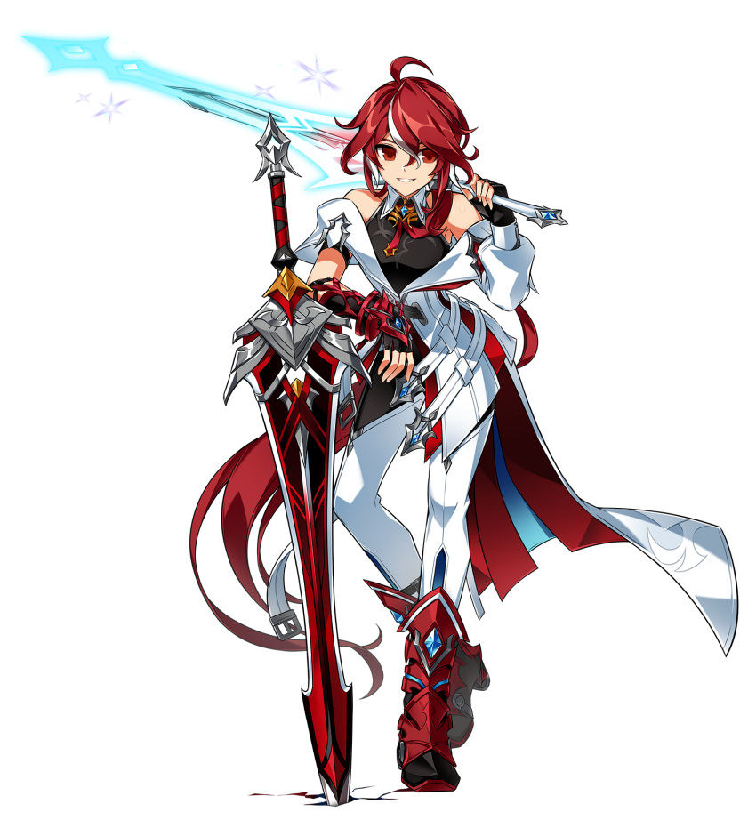 1girl black_shirt coat elesis_(elsword) elsword full_body highres holding holding_sword holding_weapon looking_at_viewer multicolored_hair official_art patrona_(elsword) ponytail red_eyes red_hair shirt sleeveless sleeveless_shirt smile solo sword teeth transparent_background weapon white_coat white_hair