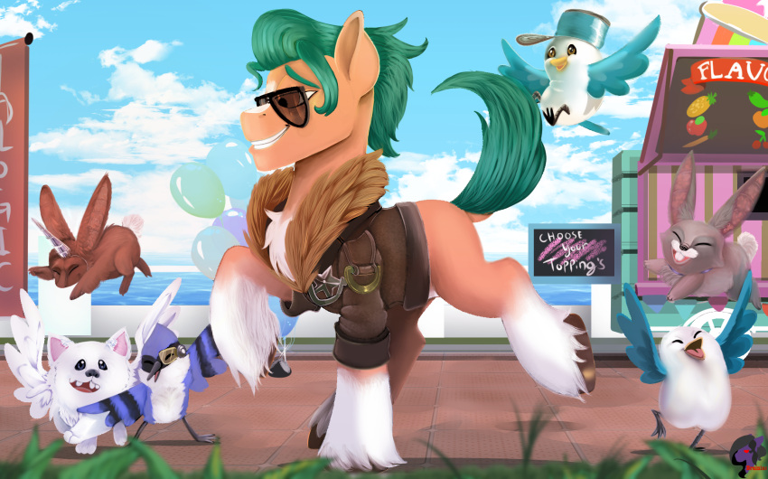 2021 avian bird blaze_(marking) brainiac_(artist) can canid canine canis chest_tuft clothing cloud cloudpuff_(mlp) container domestic_dog earth_pony equid equine eyewear facial_markings fake_horns hasbro head_markings hi_res hitch_trailblazer_(mlp) hooves horse jacket kenneth_(mlp) lagomorph leg_markings leporid male mammal markings mlp_g5 my_little_pony outside pomeranian pony rabbit sky smile socks_(marking) spitz sunglasses topwear tuft turquoise_hair wings