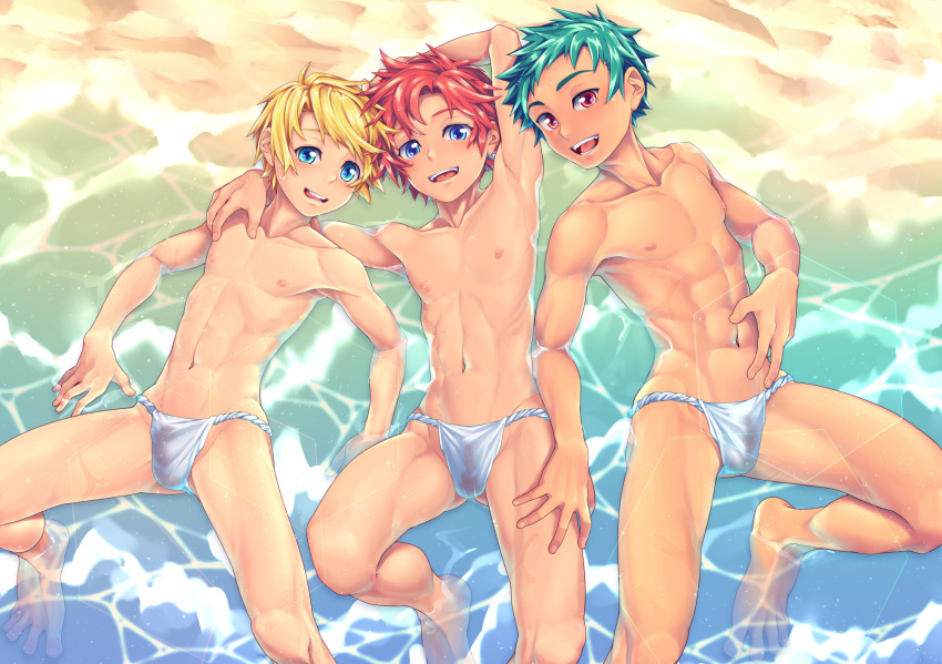 3boys :d abs arm_around_neck arm_behind_head arm_up armpits barefoot beach blonde_hair blue_eyes bulge caustics collarbone commentary_request day feet from_above fundoshi fuwatoro_(i7mnoehere) green_hair groin hand_on_another's_thigh hand_on_own_stomach hand_up highres japanese_clothes knee_up looking_at_viewer looking_up lying male_focus male_underwear multiple_boys navel nipples on_back on_ground open_mouth original outdoors parted_bangs partially_submerged pectorals red_eyes red_hair sand short_hair side-by-side smile sparkle spiked_hair spread_legs toned toned_male underwear underwear_only water wet wet_clothes wet_fundoshi wet_male_underwear yaoi