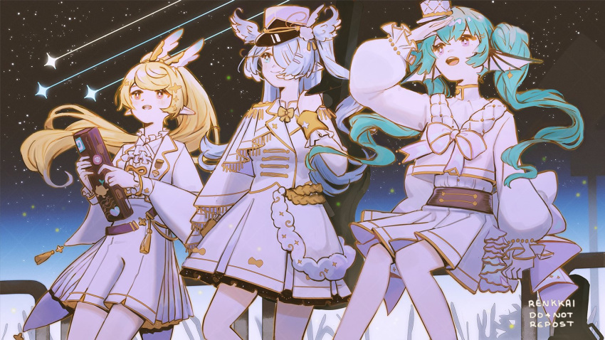 3girls aqua_hair blonde_hair blue_eyes blue_hair blue_wings dress elira_pendora finana_ryugu fins gold_trim hair_over_one_eye head_fins lazulight long_hair military_uniform multiple_girls nijisanji nijisanji_en pointy_ears pomu_rainpuff ponytail purple_eyes renkkai shooting_star sitting twintails uniform virtual_youtuber white_dress white_headwear wings yellow_eyes