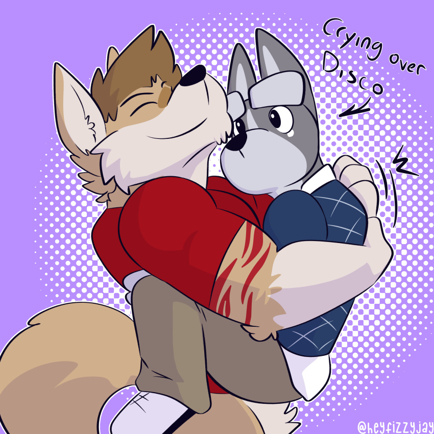 affectionate anthro biceps bodily_fluids bottomless bottomwear canid canine canis clothed clothing domestic_dog duo embrace fizzyjay fluffy fluffy_tail footwear hi_res hug jamie_(jethrobuck) junior_(jrjresq) lifting male male/male mammal pants pattern_background shirt shirt_only shoes simple_background tail tears topwear topwear_only wolf
