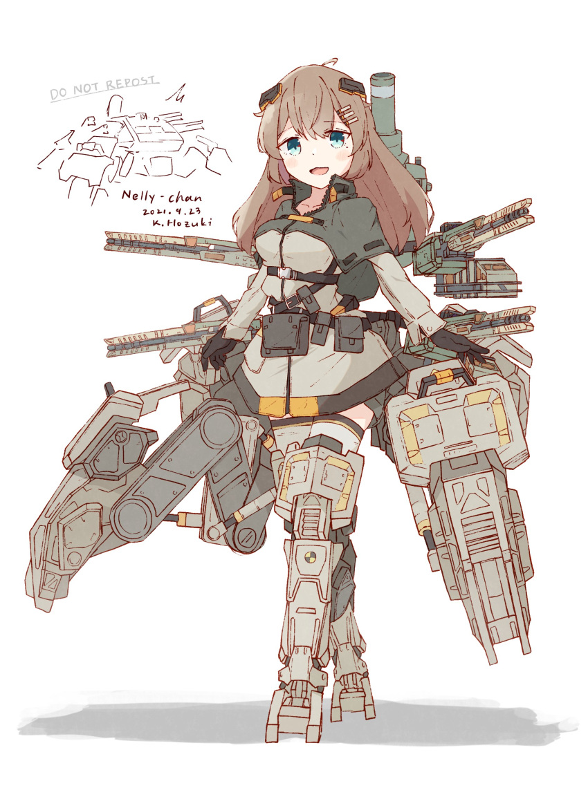 1girl :d absurdres battle_of_titans belt black_gloves blue_eyes breasts brown_hair coat gloves hair_ornament highres hozukikasumi long_hair mecha_musume mechanical_legs mechanical_parts mortar_(weapon) multiple_belts nelly_(battle_of_titans) personification railgun smile tagme thighhighs utility_belt weapon white_background zipper