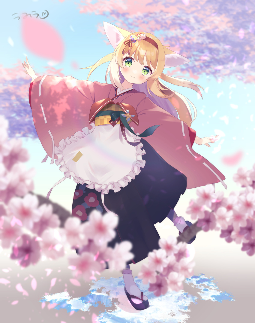 1girl absurdres animal_ears apron arknights black_hakama black_skirt blonde_hair blush bobby_socks cherry_blossoms closed_mouth commentary_request floral_print flower fox_ears fox_girl frilled_apron frills green_eyes hair_flower hair_ornament hairband hakama hakama_skirt highres japanese_clothes kimono long_hair long_skirt long_sleeves looking_at_viewer obi official_alternate_costume okobo pink_kimono pinwheel pleated_skirt print_hakama print_skirt red_hairband sandals sash skirt socks solo suzuran_(arknights) suzuran_(yukibare)_(arknights) tabi umiusea_works waist_apron white_socks wide_sleeves