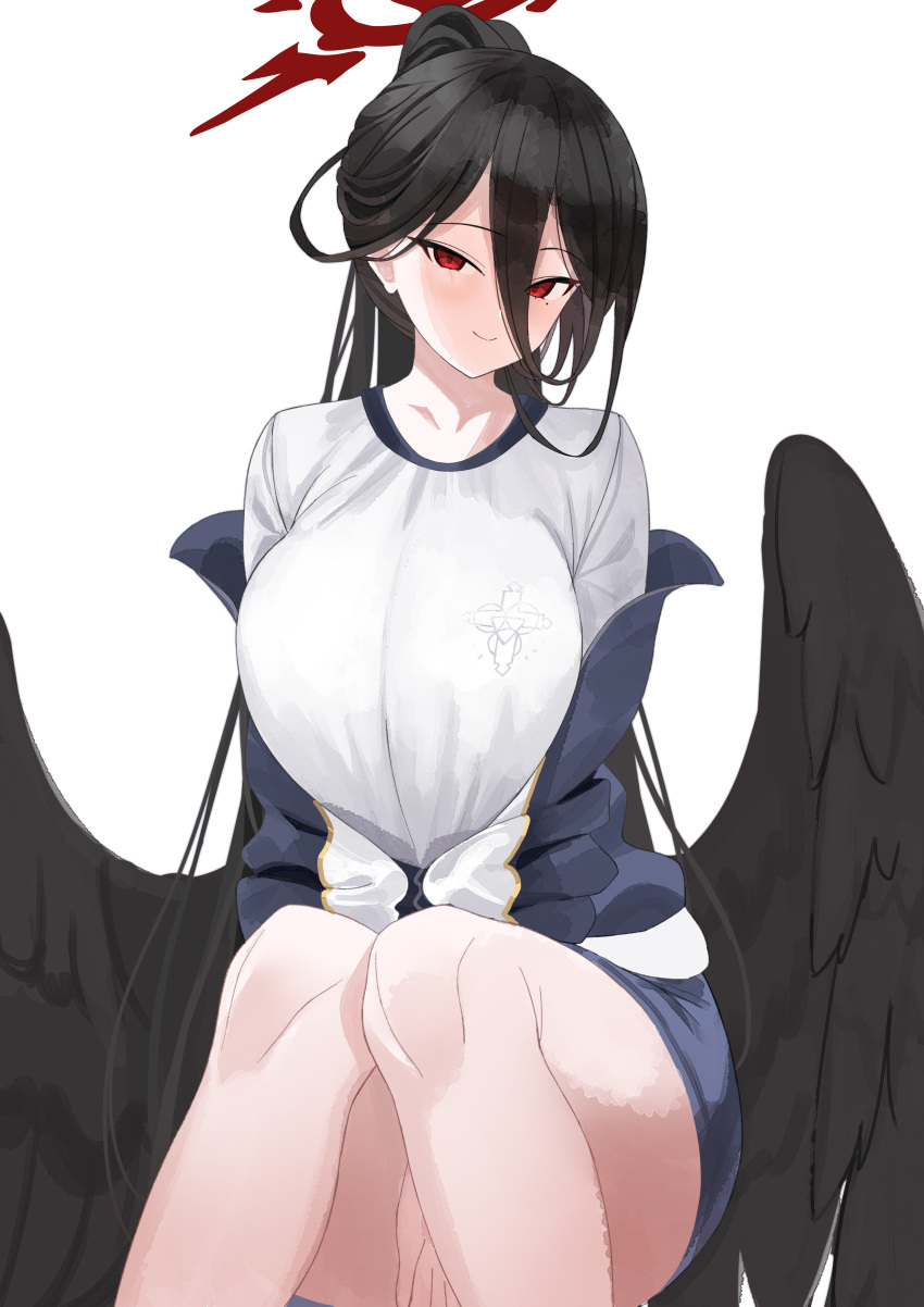 1girl absurdres black_hair blue_archive blue_jacket blush breasts closed_mouth hair_between_eyes halo hasumi_(blue_archive) hasumi_(gym_uniform)_(blue_archive) highres jacket large_breasts long_hair long_sleeves looking_at_viewer low_wings mole mole_under_eye ponytail red_eyes shirt simple_background sitting smile thighs tnr_(horiko1525) white_background white_shirt wings