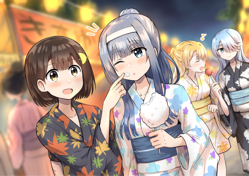 4girls azuma_kanon betock black_kimono blonde_hair blue_eyes blue_hair blue_sash brown_hair candy candy_apple closed_eyes floral_print_kimono food food_on_face highres himeno_yukina holding holding_candy holding_food ironna_onnanoko_to_kiss_wo_shiteitara_yuri_kiss_ni_mezamete_shimaimashita japanese_clothes kimono leaf_print leaf_print_kimono light_blush long_hair lyriel_(kiss_yuri) multiple_girls musical_note open_mouth people pointing pointing_at_another ponytail sariel_(kiss_yuri) sash short_hair smile summer_festival white_kimono yellow_eyes yellow_sash yuri