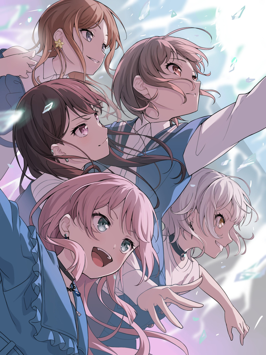 5girls :d absurdres bang_dream! bang_dream!_it's_mygo!!!!! bead_necklace beads black_choker blue_eyes blue_jacket brown_eyes brown_hair chihaya_anon choker ear_piercing earrings fang floating_hair flower_earrings frills grey_eyes grin highres jacket jewelry kaname_rana letterman_jacket long_hair long_sleeves looking_ahead multiple_girls mygo!!!!!_(bang_dream!) nagasaki_soyo necklace nobusawa_osamu outstretched_arm piercing pink_hair purple_eyes reaching shiina_taki shirt sidelocks smile takamatsu_tomori white_hair white_shirt yellow_eyes zipper zipper_pull_tab