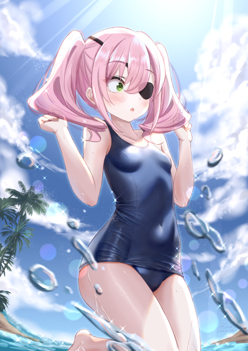 1girl @_@ absurdres annette_(spy_kyoushitsu) bare_shoulders blue_one-piece_swimsuit blush breasts collarbone covered_navel dated day eyepatch fisheye fluno green_eyes hair_ornament hairclip hands_up highres lens_flare ocean old_school_swimsuit one-piece_swimsuit open_mouth outdoors palm_tree pink_hair school_swimsuit signature sky small_breasts solo splashing spy_kyoushitsu swimsuit thighs tree twintails