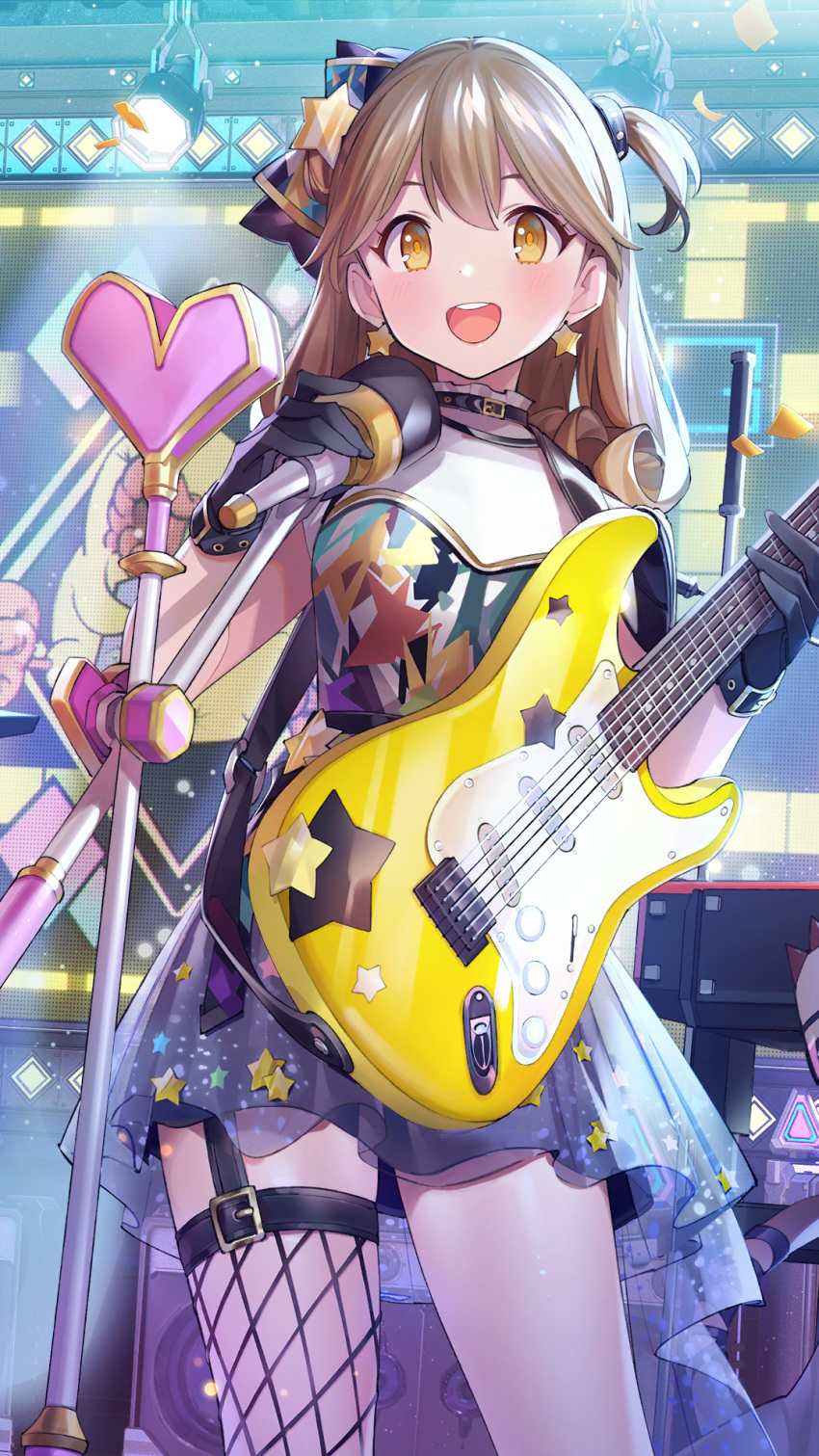 1girl :d black_gloves black_thighhighs blue_bow blue_dress bow brown_hair concert cowboy_shot dress earrings electric_guitar fishnet_thighhighs fishnets garter_straps girl_cafe_gun gloves guitar hair_bow highres holding holding_instrument holding_microphone_stand instrument jewelry layered_dress medium_hair microphone_stand music official_art one_side_up screen short_dress singing single_garter_strap single_thighhigh smile solo speaker stage stage_lights star_(symbol) star_earrings star_print su_xiaozhen teeth thighhighs upper_teeth_only yellow_eyes