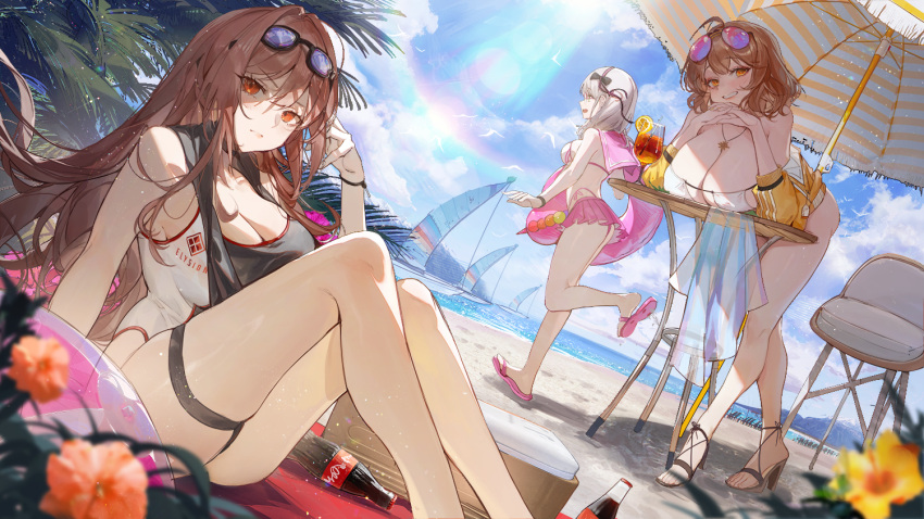 3girls ahoge anis_(sparkling_summer)_(nikke) aviator_sunglasses bare_shoulders beach_umbrella bikini bikini_skirt black_choker black_one-piece_swimsuit black_towel blush breasts brown_hair character_request choker cleavage commentary_request competition_swimsuit eyepatch_bikini eyewear_on_head front-tie_bikini_top front-tie_top goddess_of_victory:_nikke goggles goggles_on_head grey_hair high_heels highleg highleg_bikini highleg_swimsuit holding holding_innertube innertube jacket kayak kuroduki_(pieat) large_breasts long_hair looking_at_viewer multiple_girls neon_(blue_ocean)_(nikke) ocean official_alternate_costume one-piece_swimsuit orange_eyes outdoors pink_innertube pink_skirt rapi_(classic_vacation)_(nikke) short_hair side-tie_bikini_bottom sitting skirt smile string_bikini sunglasses swim_goggles swimsuit thigh_strap thighs towel towel_around_neck two-tone_swimsuit umbrella white_bikini yellow_jacket