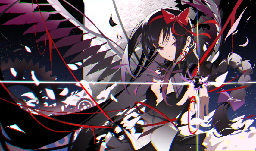 1girl akemi_homura akuma_homura black_dress black_feathers black_hair bow braid breasts cleavage cowboy_shot dress feathers fingernails furrowed_brow hair_bow heterochromia highres jiu_ye_sang long_hair looking_at_viewer mahou_shoujo_madoka_magica mahou_shoujo_madoka_magica:_hangyaku_no_monogatari parted_lips purple_eyes red_bow sleeveless sleeveless_dress solo standing star_(sky) string string_of_fate teardrop tears very_long_hair wings