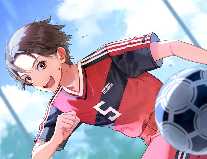 1boy arm_at_side ball black_shirt blue_sky brown_hair cherico clenched_hand cloud day dutch_angle hand_up highres male_focus multicolored_shirt open_mouth original playing_sports red_eyes red_shirt red_shorts shirt short_hair short_sleeves shorts sky soccer soccer_ball soccer_uniform solo sportswear sweat