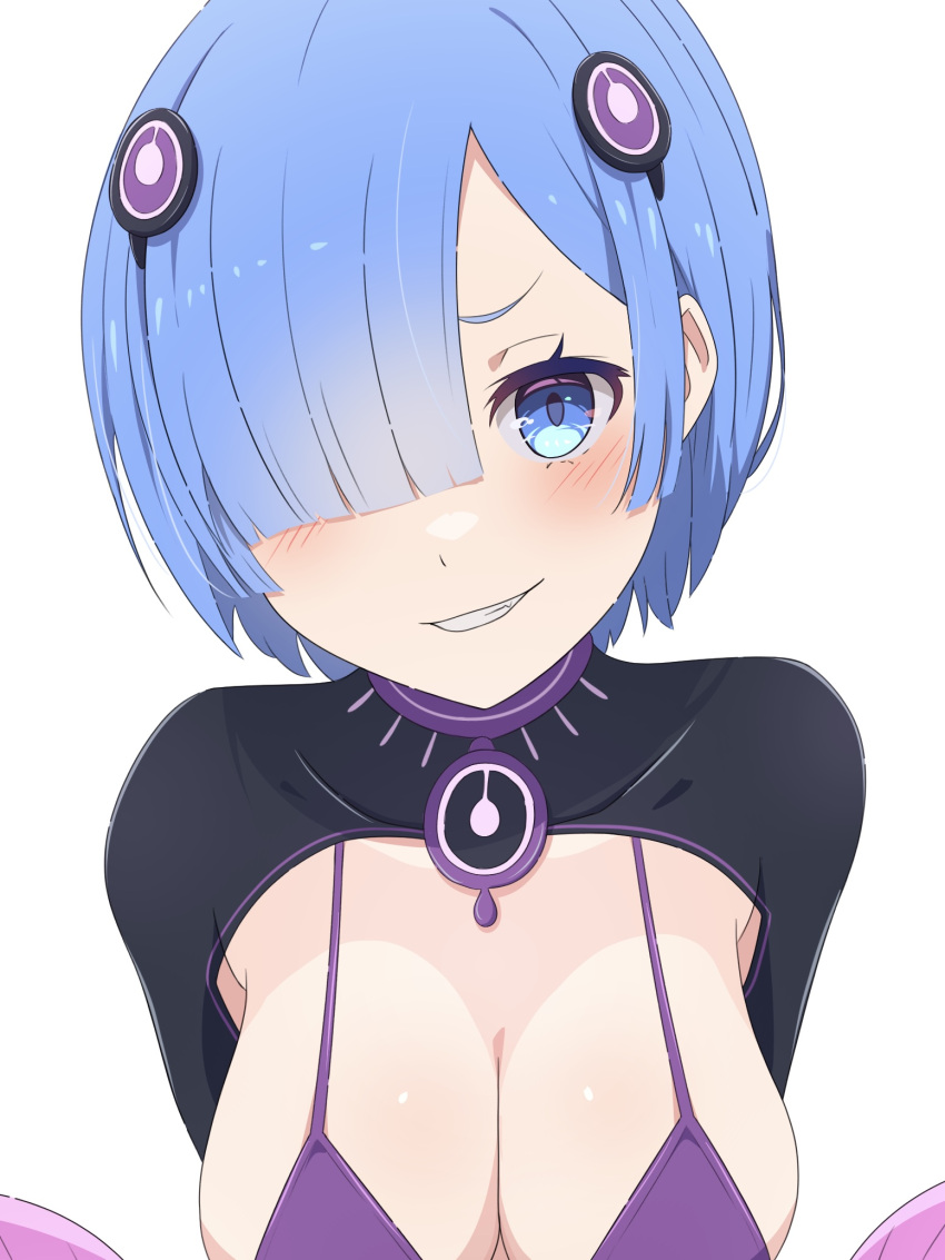 1girl bikini blue_eyes blue_hair blush breasts camui1104 capella_emerada_lugnica capella_emerada_lugnica_(cosplay) cleavage cosplay hair_over_one_eye highres large_breasts looking_at_viewer purple_bikini re:zero_kara_hajimeru_isekai_seikatsu rem_(re:zero) short_hair simple_background smirk solo swimsuit upper_body white_background