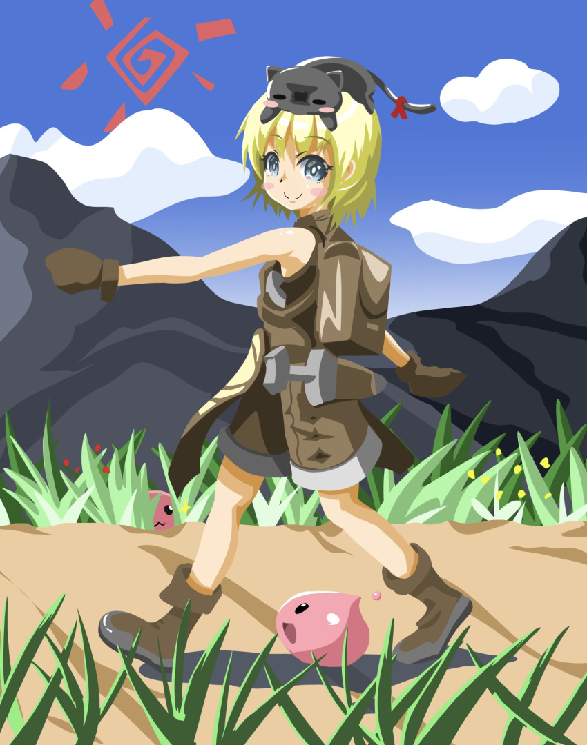 1girl :3 animal_on_head black_cat blonde_hair blue_eyes blue_sky blush_stickers boots bright_pupils brown_footwear brown_gloves brown_shirt brown_shorts cat cat_on_head cel_shading closed_mouth cloud commentary_request day full_body gloves grass highres looking_at_viewer looking_to_the_side medium_bangs nekoyume_(byoumu) novice_(ragnarok_online) on_head outdoors path poring ragnarok_masters ragnarok_online shirt short_hair shorts sky sleeveless sleeveless_shirt slime_(creature) smile sparkle sun_symbol walking white_pupils