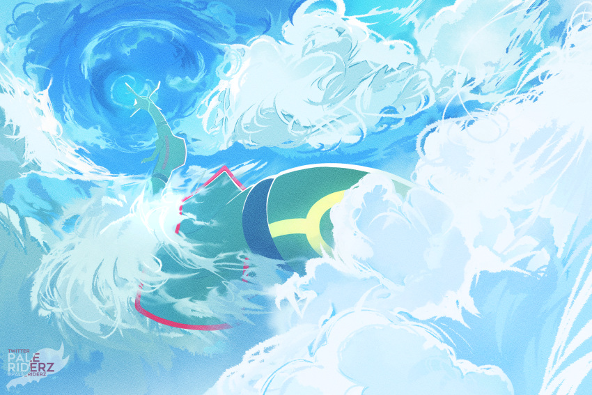 artist_name cloud day dragon eastern_dragon film_grain from_below glowing_markings highres mixed-language_commentary no_humans outdoors pale_rider_(paleriderz) pokemon pokemon_(creature) rayquaza sky solo twitter_username