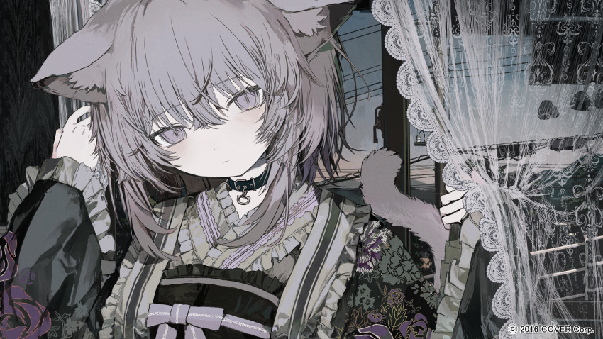 1girl animal_ears black_collar black_kimono blush cat_ears cat_girl cat_tail closed_mouth collar curtains dot_nose evening expressionless floral_print hair_between_eyes head_tilt highres hololive indoors japanese_clothes kimono lace_curtains limited_palette long_sleeves looking_at_viewer medium_hair nekomata_okayu power_lines print_kimono purple_eyes purple_hair sidelocks solo straight-on tail tekito_midori upper_body watermark window