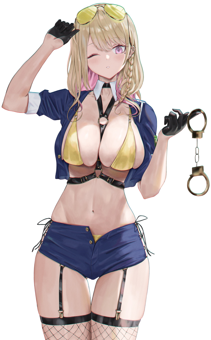 1girl ;) absurdres aviator_sunglasses black_gloves blonde_hair blue_shorts blush braid clenched_teeth commentary_request cuffs eyewear_on_head fishnet_thighhighs fishnets gloves handcuffs highres looking_at_viewer midriff mole mole_under_eye one_eye_closed open_mouth original police police_uniform policewoman renge_(730) shorts side-tie_shorts side_braid simple_background smile solo sunglasses teeth thighhighs tinted_eyewear unbuttoned uniform white_background yellow-tinted_eyewear