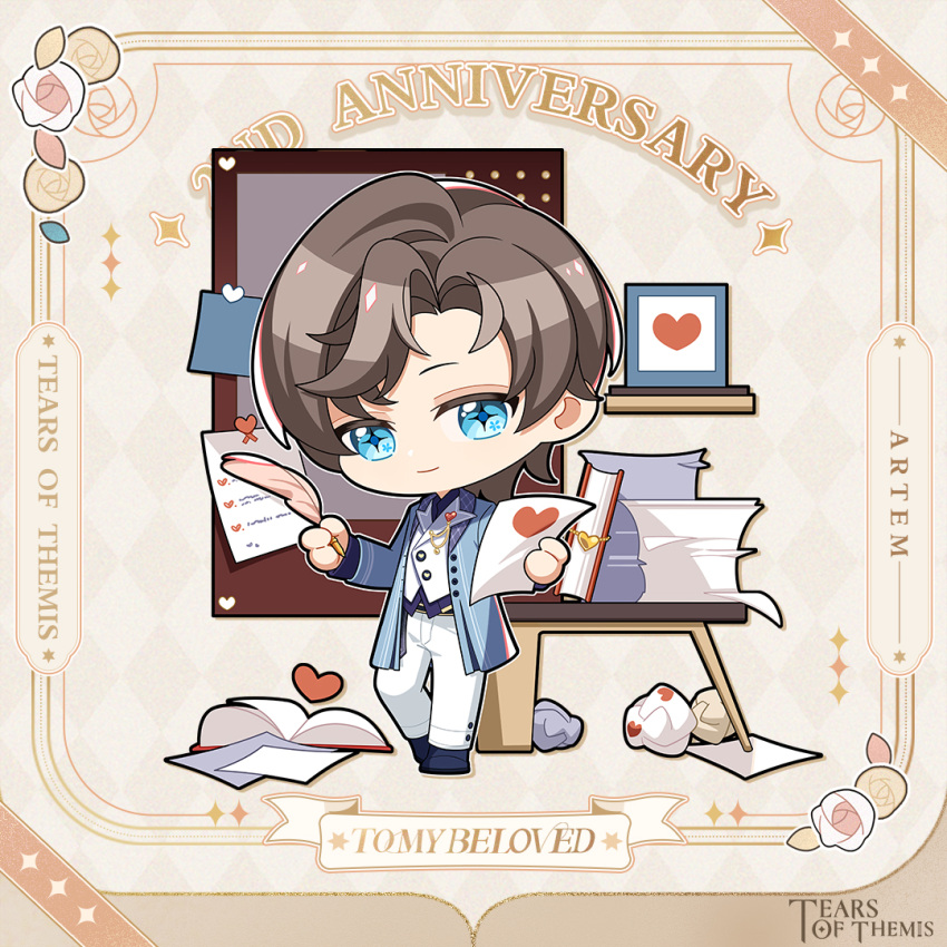 +_+ 1boy anniversary artem_wing_(tears_of_themis) black_footwear black_shirt blue_eyes blue_jacket book brown_background brown_hair character_name chibi closed_mouth copyright_name full_body heart holding holding_paper jacket male_focus official_art open_book open_clothes open_jacket pants paper paper_stack parted_bangs quill shirt shoes smile solo table tears_of_themis vest white_pants white_vest