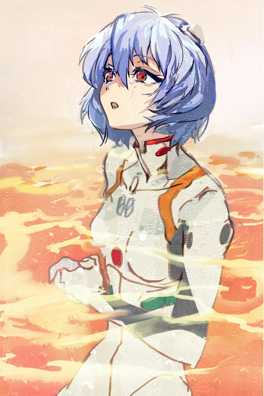 1girl absurdres ayanami_rei blue_hair bodysuit breasts ccatccat824 floating hair_between_eyes highres lcl looking_up neon_genesis_evangelion open_mouth pilot_suit plugsuit red_eyes shadow short_hair solo white_bodysuit