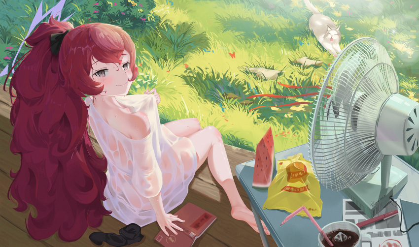 1girl bare_legs barefoot black_socks blue_archive blush book cat cup day dress dress_tug drinking_straw electric_fan evenso. food from_behind fruit grass grey_eyes halo highres hot iroha_(blue_archive) long_hair looking_at_viewer looking_back mug off_shoulder outdoors red_hair sidelocks sitting smile snack socks summer sundress sunlight sweat sweaty_clothes table unworn_socks watermelon watermelon_slice white_dress
