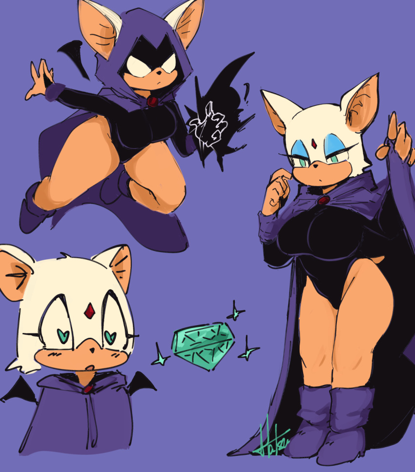 &lt;3 &lt;3_eyes 2023 anthro bat big_breasts boots breasts cloak clothed clothing cosplay crossover crossover_cosplay dc_comics empty_eyes eyeshadow female footwear green_eyes hair hatsumiilkshake hi_res leotard makeup mammal raven_(dc) rouge_the_bat sega shoes signature simple_background solo sonic_the_hedgehog_(series) tan_body tan_skin teen_titans white_hair wide_hips