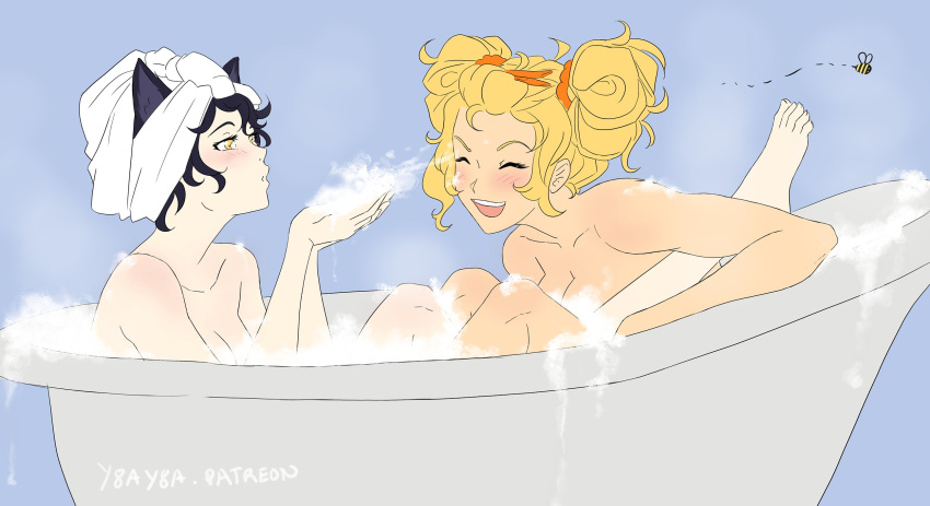 2girls alternate_hairstyle animal_ear_fluff animal_ears artist_name barefoot bath bathing bathtub belt_buckle black_hair blake_belladonna blonde_hair blush breasts bubble_blowing buckle bumblebee_(insect) cat_ears cleavage closed_eyes completely_nude english_commentary from_side highres long_hair medium_breasts multiple_girls nude open_mouth orange_scrunchie partially_submerged purple_background rwby scrunchie short_hair short_twintails smile towel towel_on_head twintails water yang_xiao_long yaya_(y8ay8a) yellow_eyes