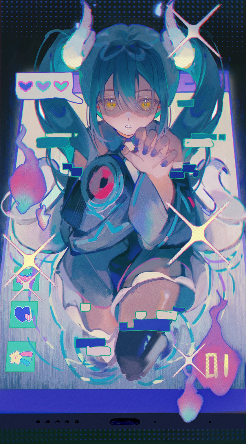 1girl absurdres black_background black_skirt black_sleeves black_thighhighs buttonniukoukou cellphone commentary detached_sleeves english_commentary feet_out_of_frame ghost_miku_(project_voltage) glitch green_hair hand_on_own_chest hand_up hatsune_miku heart highres icon_(computing) long_hair looking_at_viewer nail_polish open_mouth phone pokemon project_voltage purple_nails shooting_star simple_background skirt smartphone solo sparkle spoken_heart thighhighs torn_clothes twintails vocaloid will-o'-the-wisp_(mythology) yellow_eyes
