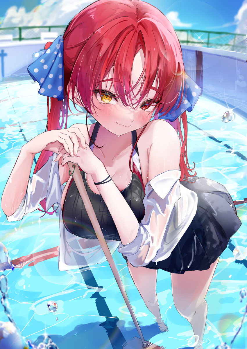 1girl absurdres black_one-piece_swimsuit black_skirt blush breasts broom commentary gyoku_seisyoku heterochromia highres holding holding_broom hololive houshou_marine large_breasts long_hair looking_at_viewer one-piece_swimsuit open_clothes open_shirt outdoors partially_submerged pool red_hair school_swimsuit shirt skirt smile solo swimsuit swimsuit_under_clothes twintails virtual_youtuber wet wet_clothes white_shirt