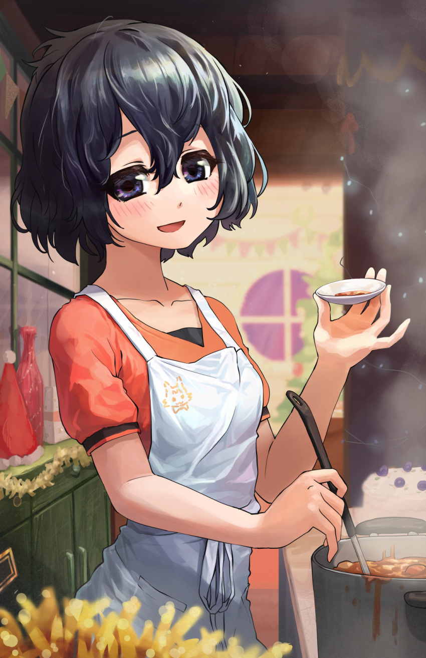 1girl alternate_costume apron black_hair blue_eyes blush collarbone cooking cup highres kaban_(kemono_friends) kemono_friends ladle melaton no_headwear red_shirt shirt short_hair short_sleeves solo steam stew t-shirt white_apron