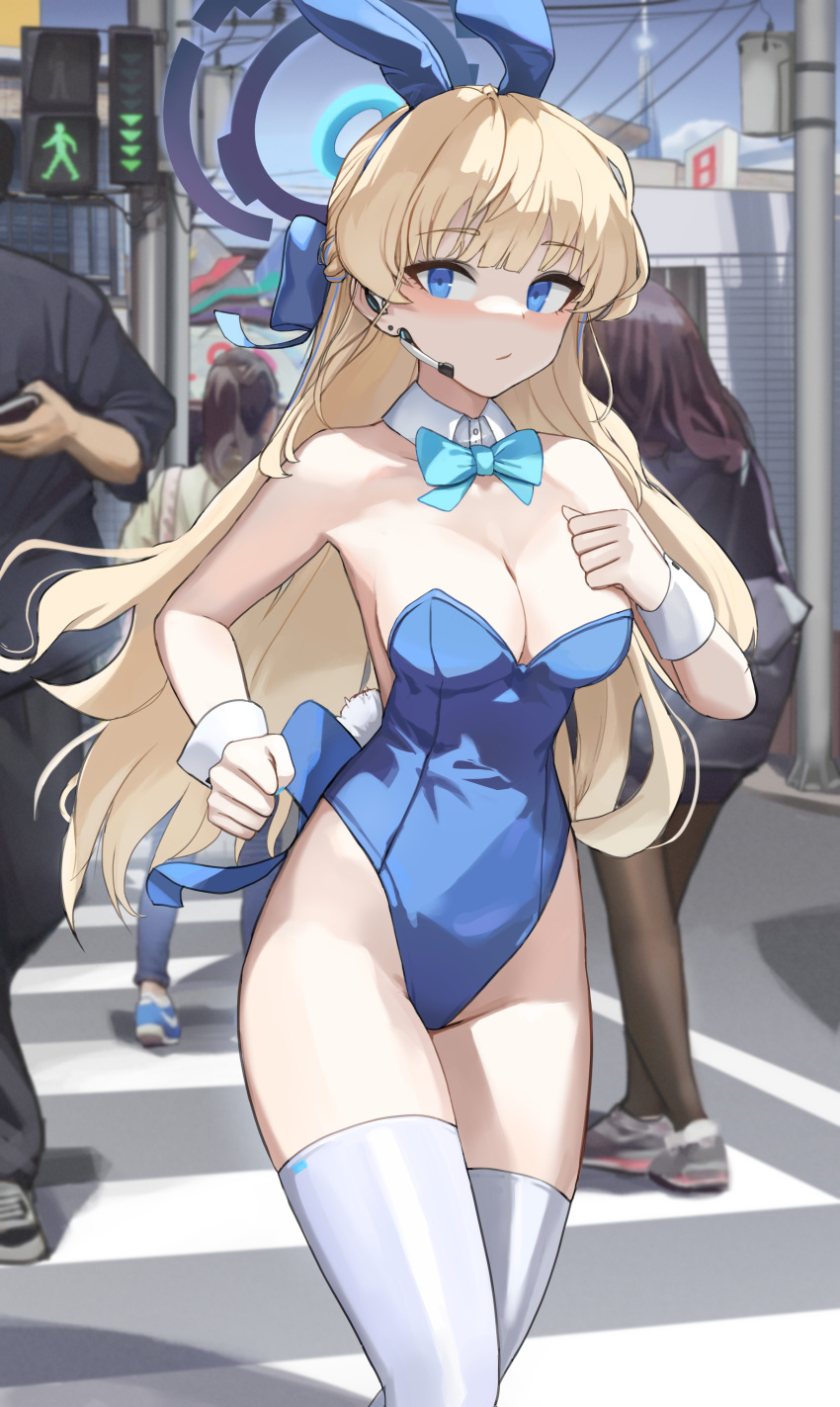 1boy 3girls absurdres animal_ears blonde_hair blue_archive blue_bow blue_bowtie blue_eyes blue_leotard bow bowtie breasts cleavage closed_mouth detached_collar dolri fake_animal_ears highres leotard long_hair medium_breasts multiple_girls official_alternate_costume rabbit_ears strapless strapless_leotard thighhighs toki_(blue_archive) toki_(bunny)_(blue_archive) traffic_light white_thighhighs wrist_cuffs