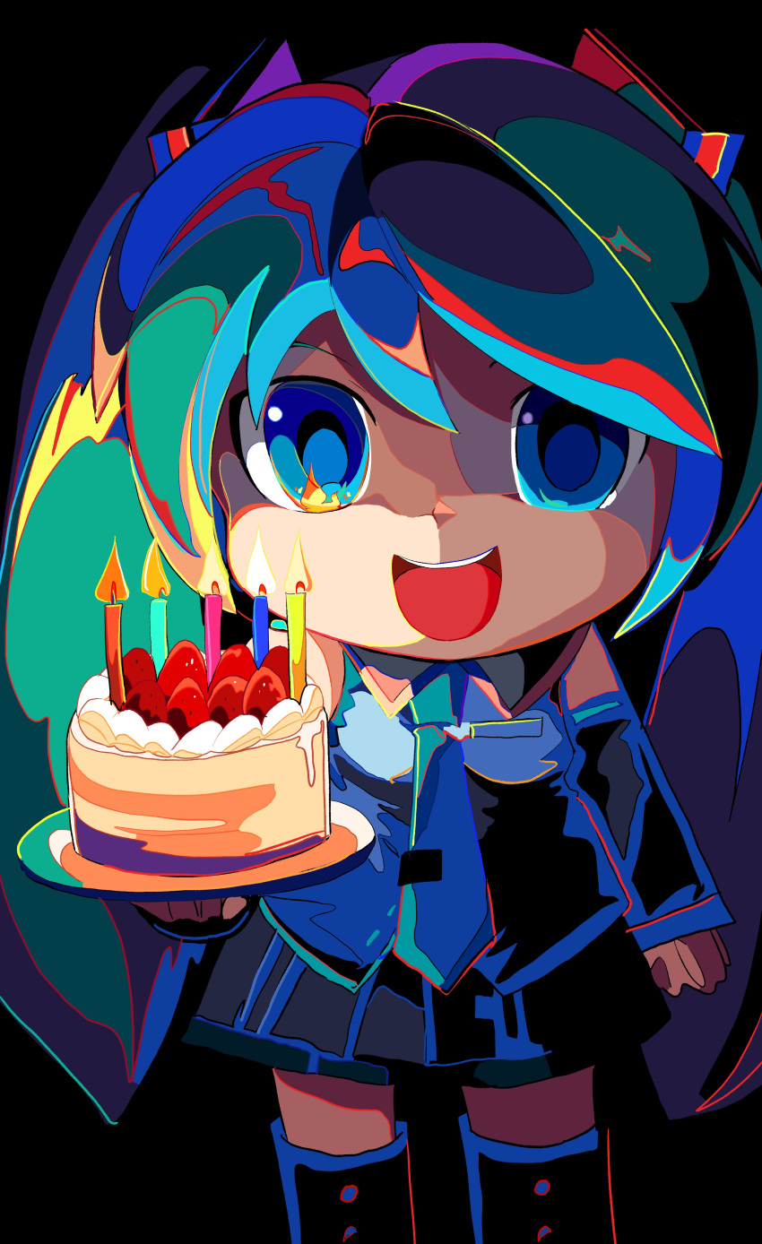 1girl absurdres birthday birthday_cake black_background black_skirt black_sleeves black_thighhighs blue_eyes blue_hair blue_necktie cake candle cel_shading commentary cosplay cream detached_sleeves eye_reflection feet_out_of_frame food fruit grey_shirt hatsune_miku highres holding holding_cake holding_food horror_(theme) kasaki_sakura kigurumi looking_at_viewer mikudayoo miniskirt necktie pleated_skirt reflection shirt skirt sleeveless sleeveless_shirt smile solo straight-on strawberry strawberry_cake teeth thighhighs twintails upper_teeth_only vocaloid