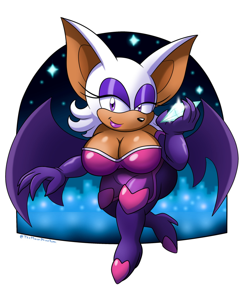 2023 absurd_res anthro back_wings bat bat_wings big_breasts big_ears biped black_nose blue_eyes bodysuit breasts brown_body city claws cleavage clothed clothing curvy_figure eyeshadow female flying footwear front_view gem hi_res high_heels holding_gem holding_object lipstick looking_at_viewer makeup mammal membrane_(anatomy) membranous_wings night purple_eyeshadow purple_lipstick rouge_the_bat sega shadowwalk skinsuit sky solo sonic_the_hedgehog_(series) star starry_sky tight_clothing wings