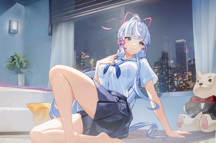 1girl absurdres barefoot blue_eyes blue_neckerchief blue_skirt blunt_bangs blunt_tresses breasts chinese_commentary cityscape closed_mouth commentary_request curtains facing_viewer genshin_impact grey_hair hair_ornament hand_on_own_chest high_ponytail highres index_finger_raised indoors kamisato_ayaka knee_up large_breasts long_hair looking_to_the_side neckerchief night paid_reward_available pillow pleated_skirt ponytail school_uniform serafuku shirt shirt_tucked_in short_sleeves sitting skirt smile solo stuffed_animal stuffed_toy tassel tassel_hair_ornament teddy_bear tianzekongming very_long_hair white_shirt