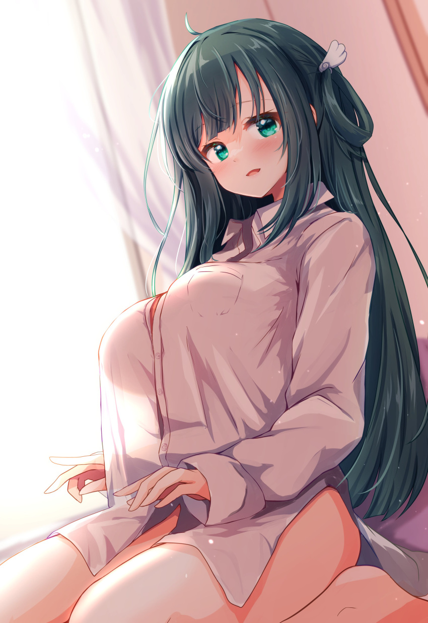 1girl absurdres ahoge amano_nene_(vtuber) backlighting baram bedroom black_hair blush breasts commission curtains dress_shirt english_commentary green_eyes hair_rings highres indoors large_breasts long_hair long_shirt long_sleeves looking_at_viewer messy_hair morning naked_shirt no_pants open_mouth production_kawaii second-party_source see-through see-through_silhouette seiza shirt sidelocks sitting skeb_commission solo virtual_youtuber waking_up white_shirt window wing_hair_ornament