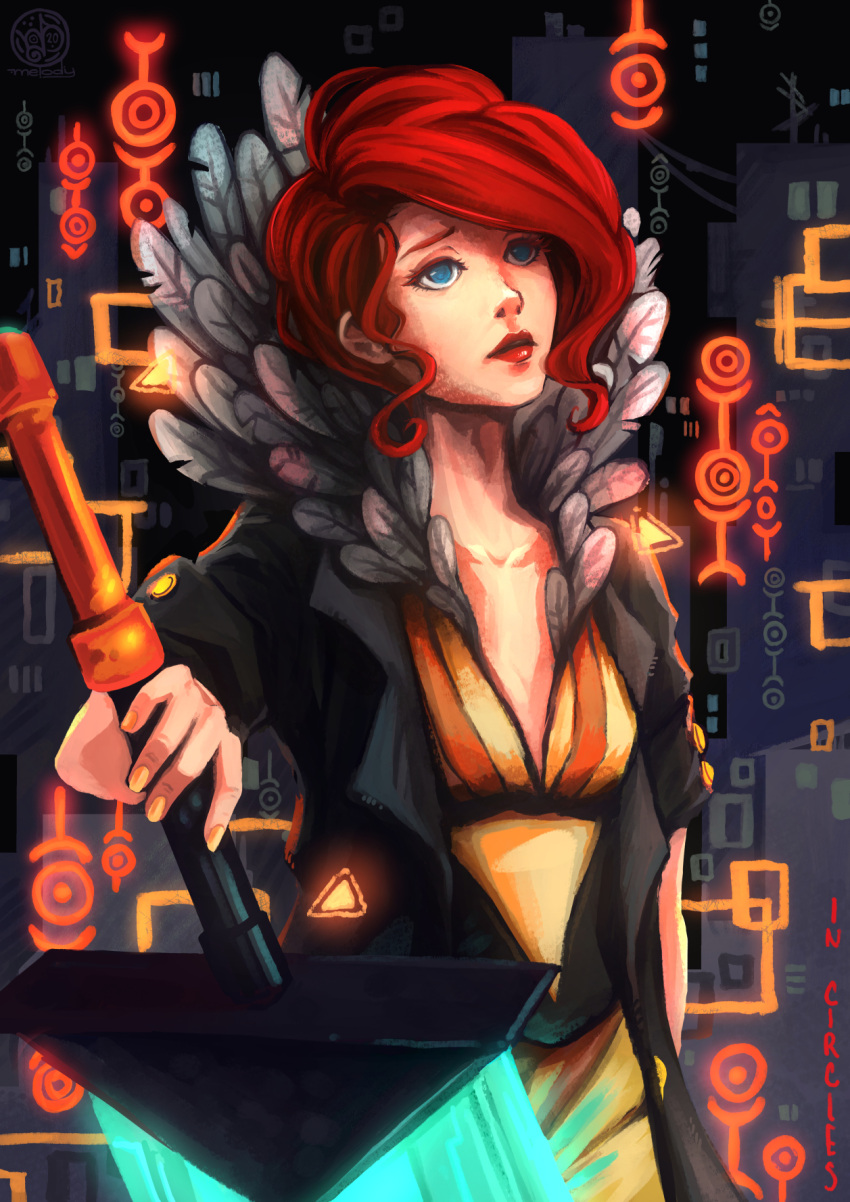 1girl black_coat blue_eyes coat collarbone dress english_commentary feather_collar glowing glowing_sword glowing_weapon highres huge_weapon lipstick makeup meriimerodii nail_polish red_(transistor) red_hair short_hair solo the_transistor transistor_(game) weapon yellow_dress yellow_nails