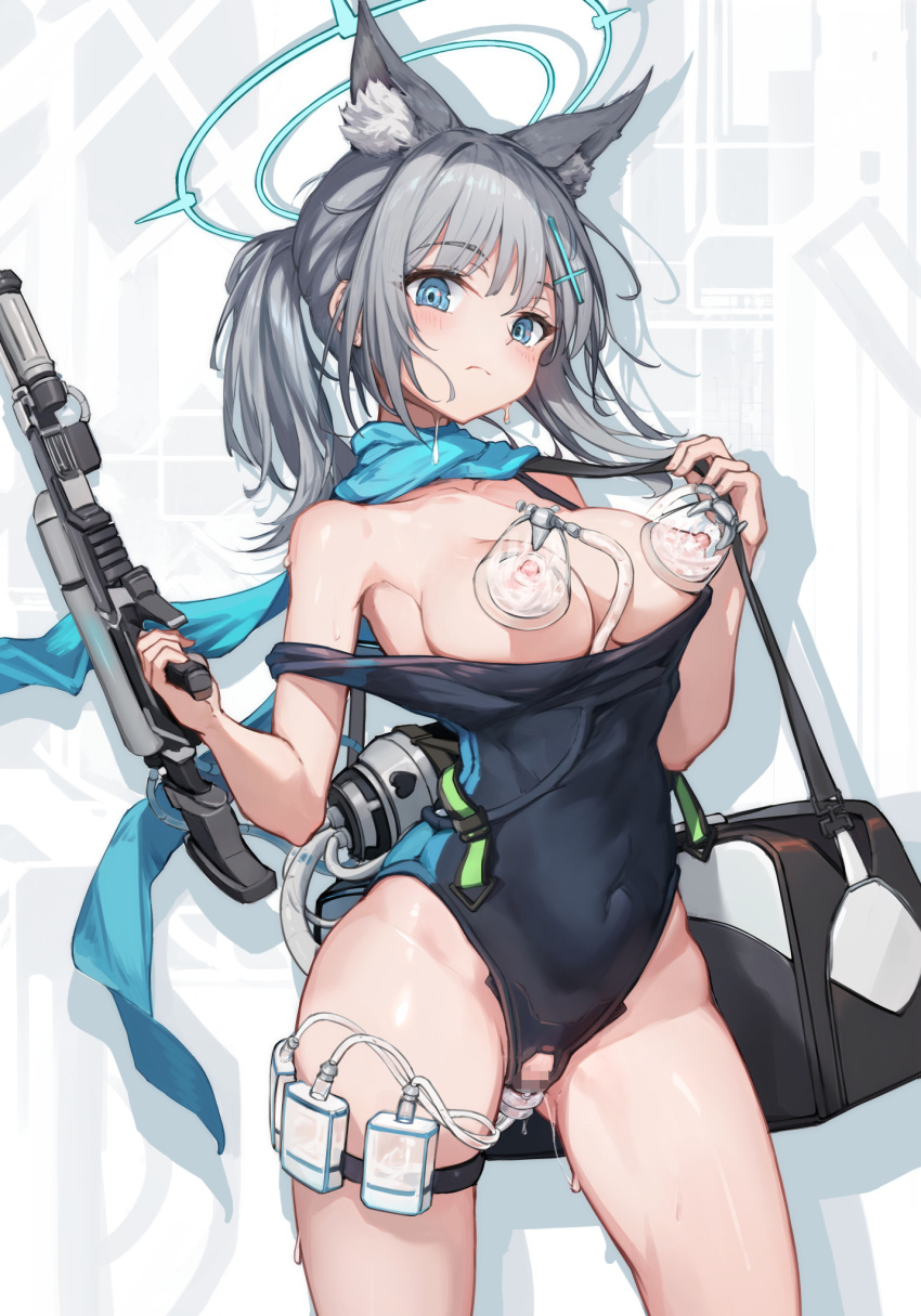 1girl aden_07 animal_ear_fluff animal_ears bag black_one-piece_swimsuit blue_archive blue_eyes blue_scarf blush bottle breast_pump breasts breasts_out censored closed_mouth competition_swimsuit covered_navel cross cross_hair_ornament crotchless crotchless_swimsuit extra_ears grey_hair gun hair_ornament halo highleg highleg_swimsuit highres inverted_cross lactation looking_at_viewer low_ponytail medium_breasts medium_hair milking_machine multicolored_clothes multicolored_swimsuit nipples object_insertion off_shoulder official_alternate_costume one-piece_swimsuit pussy_cutout pussy_juice pussy_juice_trail pussy_pump scarf shiroko_(blue_archive) shiroko_(swimsuit)_(blue_archive) shoulder_bag simple_background solo swimsuit thigh_strap tube two-tone_swimsuit vaginal vaginal_object_insertion weapon wolf_ears