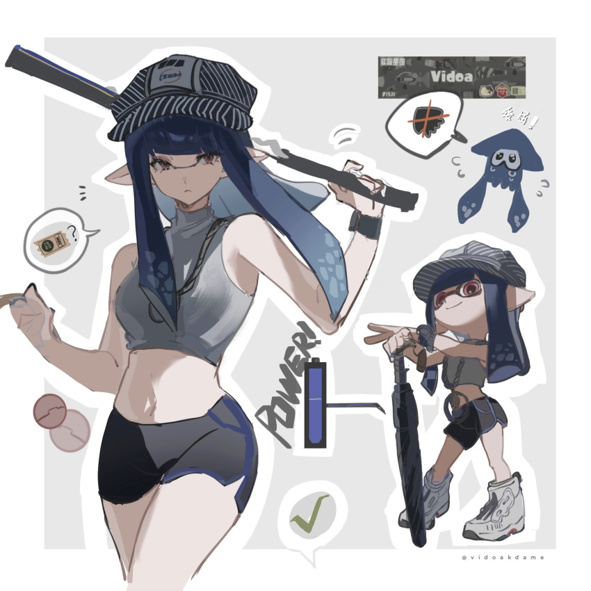 1girl black_shorts blue_hair breasts closed_mouth crop_top hat highres holding holding_weapon inkling inkling_girl jewelry lofter_username long_hair looking_at_viewer medium_breasts multiple_views necklace pointy_ears red_eyes shoes short_shorts shorts sleeveless sneakers splatoon_(series) splatoon_3 tentacle_hair vidoakdame weapon