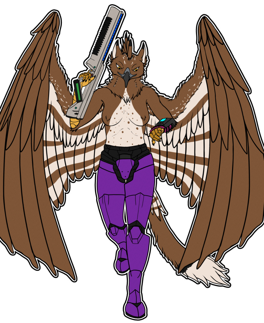 accipitrid accipitriform anthro armor armor_plates avian beak bird breasts clothed clothing eagle feathered_wings feathers female fluffy fur fur_tuft gryphon gun halo_(series) hi_res laser laser_gun laser_rifle microsoft mythological_avian mythology naturally_censored neck_tuft nipple_tuft ranged_weapon rebeldragon101 rifle solo tail topless topless_female tuft weapon wings xbox_game_studios