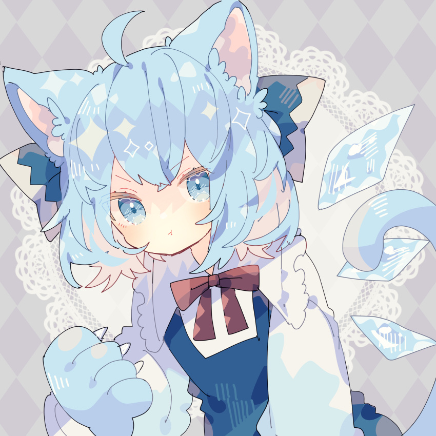 1girl ahoge animal_ears animal_hands argyle argyle_background blue_bow blue_dress blue_eyes blue_hair bow cat_ears cat_paws cat_tail cirno closed_mouth collared_shirt detached_wings doily dress fairy hair_bow highres ice ice_wings long_sleeves nikorashi-ka pout shirt short_hair solo tail touhou white_shirt wings